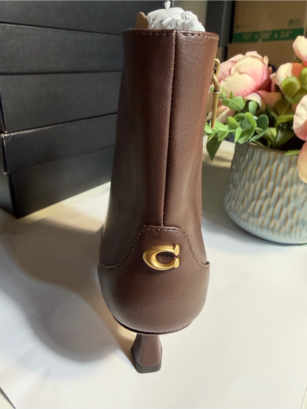 Coach Brown Leather Mid-Heel Ankle Boot with Gold 'C' Accent